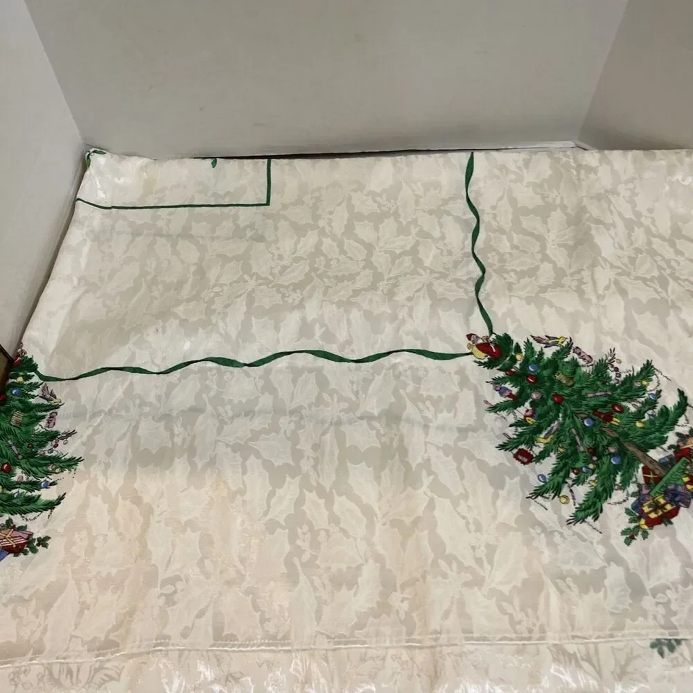 Vintage Spode Christmas Tablecloth Cloth 96”x 60” Rectangle Christmas Tree Santa